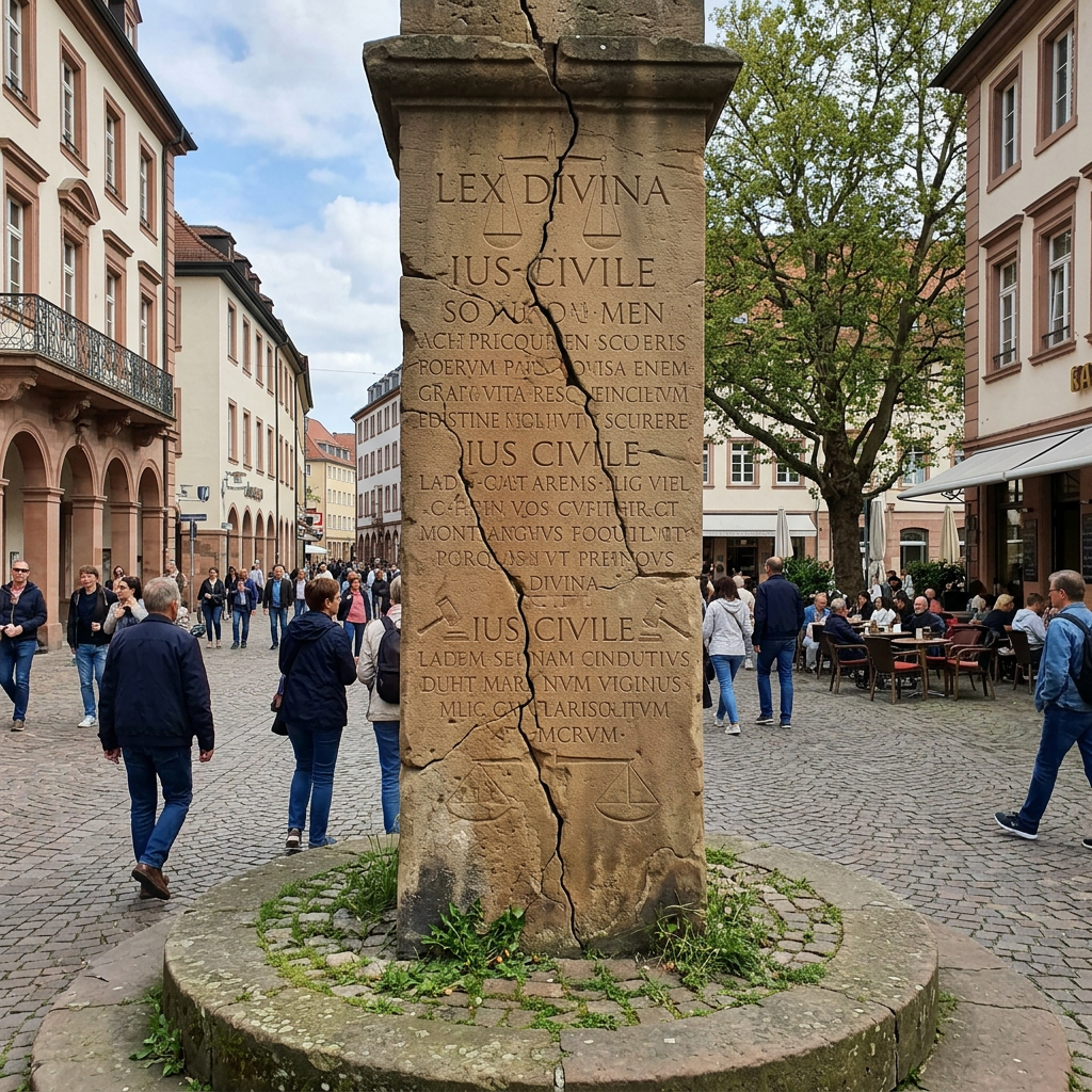 Stone pillar with Latin text and symbols cracked in the middle in a cobblestone town square with people walking and sitting around