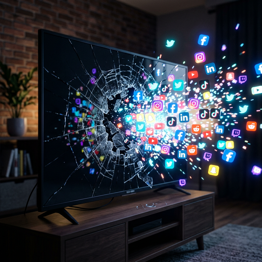 Television screen cracked with social media app icons like Facebook and Twitter bursting out