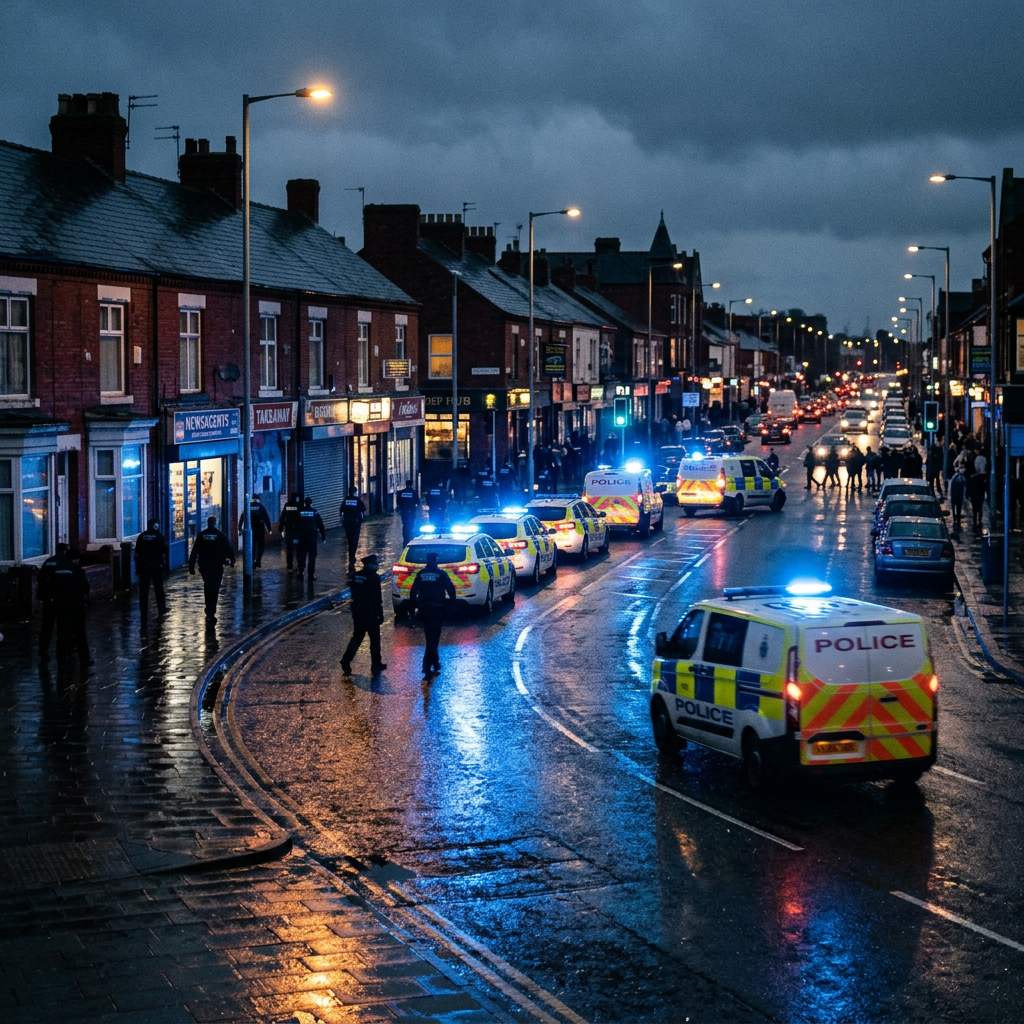 Police vehicles and officers line a rainy city street at dusk
