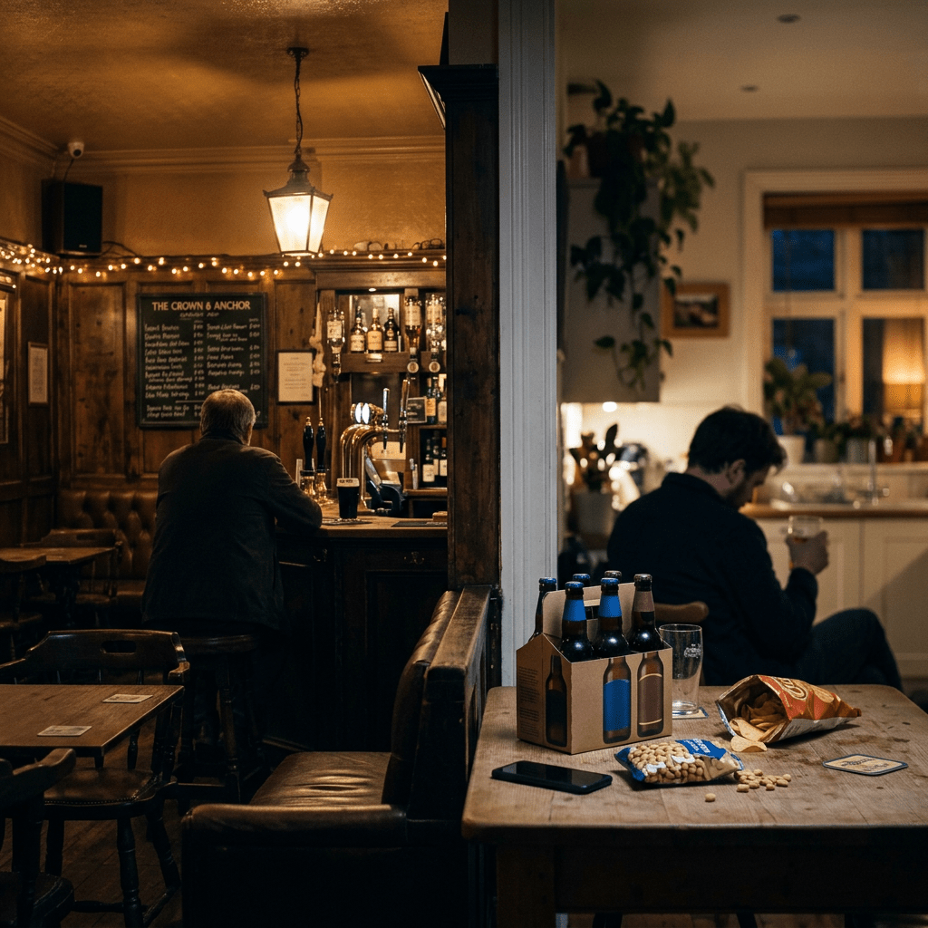 Pub interior beside a home gathering, with The Crown 6 Anchor chalkboard visible
