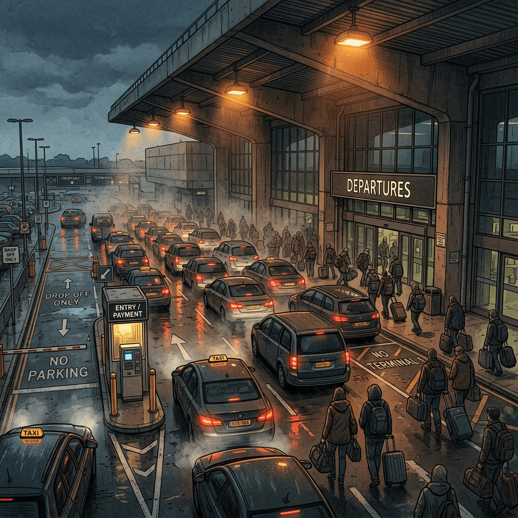 Rainy airport departures entrance with taxis, cars, travelers, and terminal signs