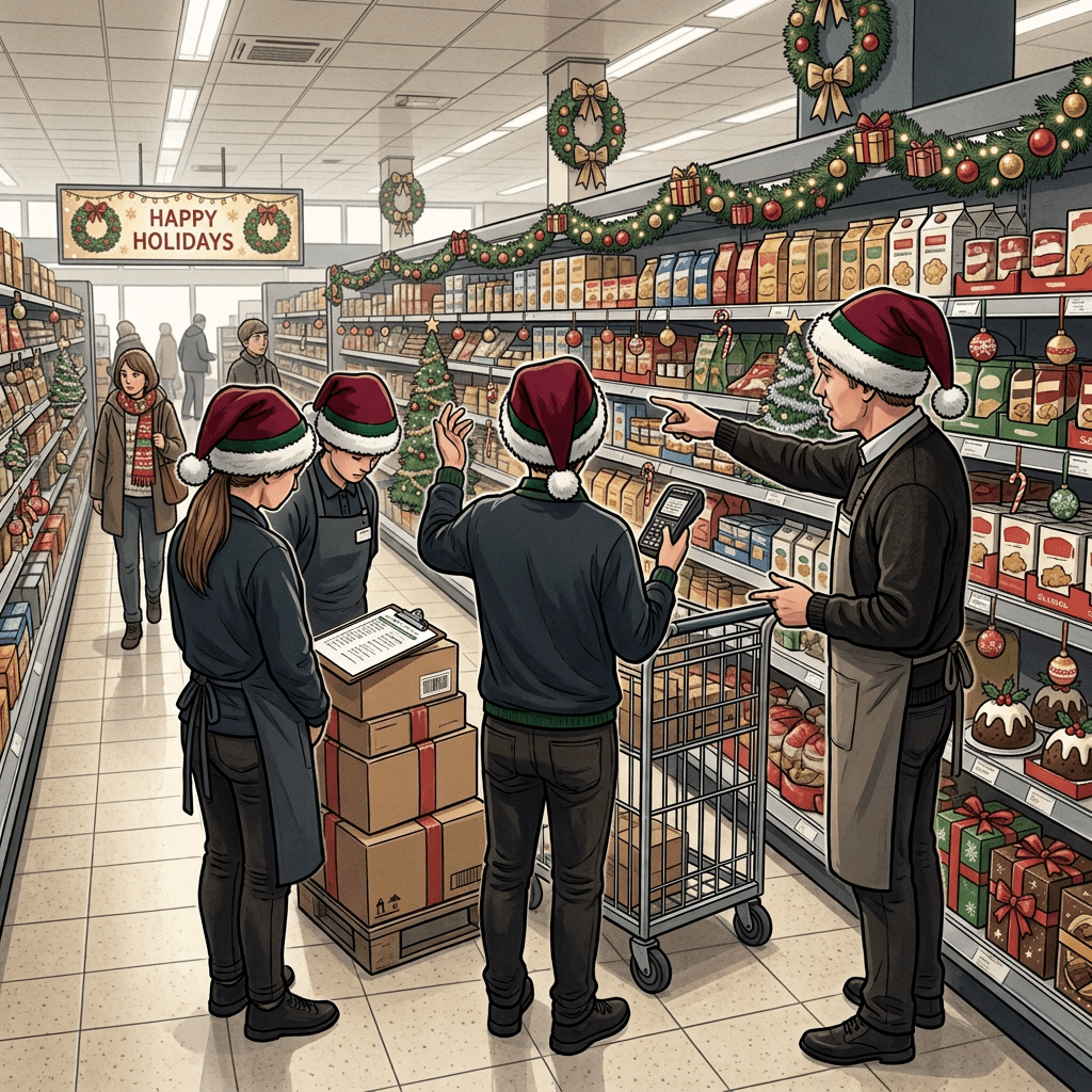 Grocery store staff in Santa hats coordinate stocking shelves and inventory