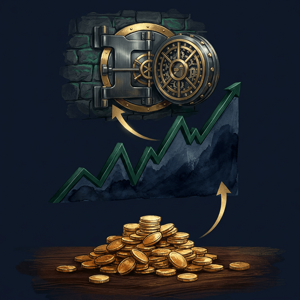 Gold coins, rising charts, and bank vault