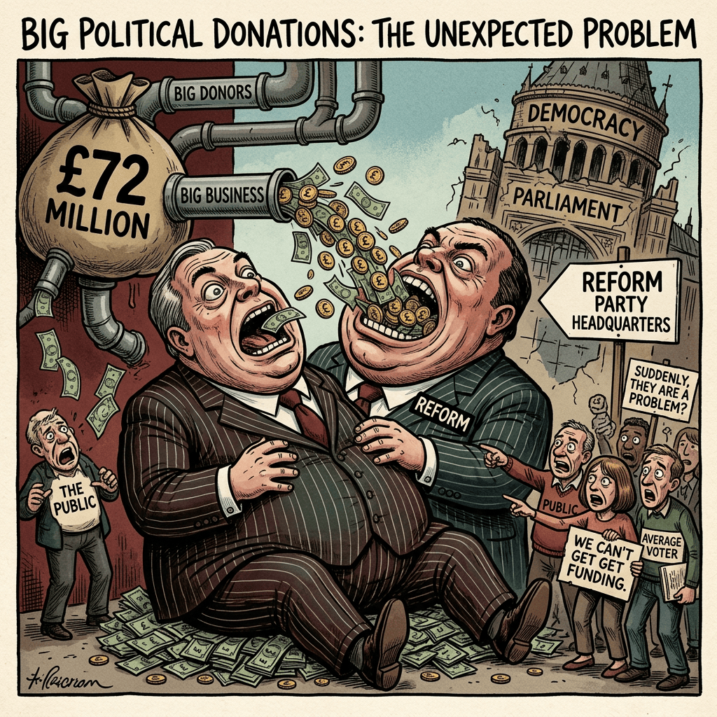 Cartoon text: “BIG POLITICAL DONATIONS: THE UNEXPECTED PROBLEM,” “£72 MILLION,” “BIG DONORS,” “BIG BUSINESS,” “DEMOCRACY,” “PARLIAMENT,” “REFORM PARTY HEADQUARTERS,” “THE PUBLIC,” “REFORM,” “SUDDENLY, THEY ARE A PROBLEM?,” “WE CAN’T GET FUNDING,” and “AVERAGE VOTER.”